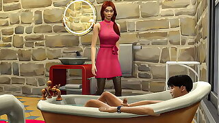 step Mother bursts come by her stepson while he masturbates in the bathtub - Mom and daughter fucked in the bathroom